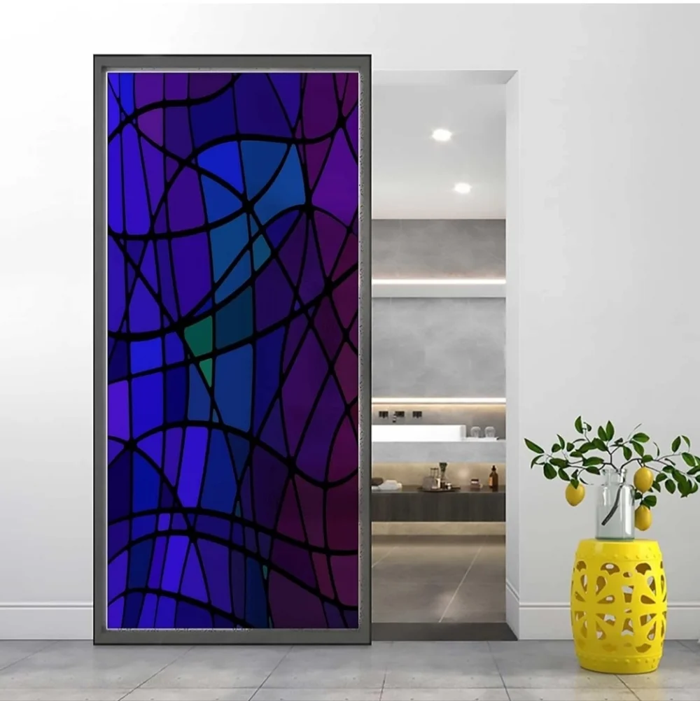 Blue Stained Glass Non-Adhesive Opaque Static Cling Abstract Removable Glass